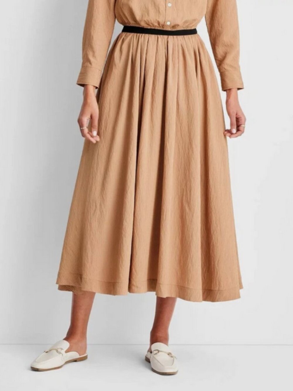 High-Rise Full Lining Midi A-Line Skirt -Future Collective Brown Stripe XS - Picture 4 of 6